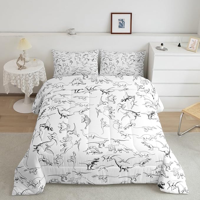 Feelyou Dinosaur Bedding Set King Size 3D Digital Print Comforter Set for Kids Boys Girls Decor Jungle Dino Comforter Wild Animal Black and White Duvet Set Bedroom Quilt Set