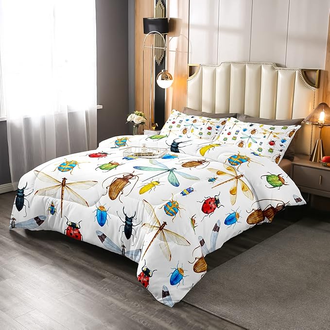 Erosebridal Kids Dragonfly Down Comforter, Ladybug Insect Comforter Set King Size for Children Boys Girls Teens, Reptile Pattern Bedding Comforters Colorful Lightweight Duvet Insert Bed Decorative