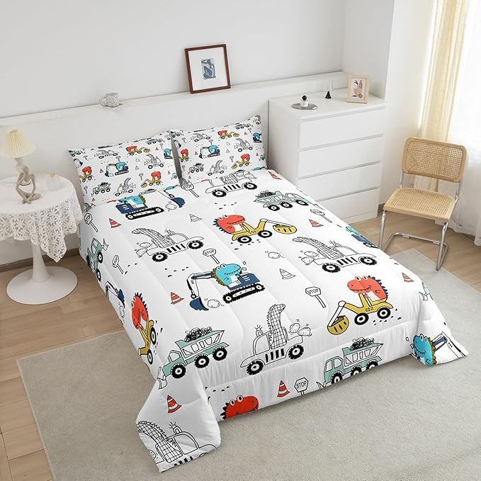 Feelyou Kids Cartoon Car Comforter Set Construction Bedding Set Twin Size Tractor Vehicle Truck Comforter for Kids Boys Girls Cute Dinosaur Quilt Set Yellow Blue Soft for Teens Child Room Decor