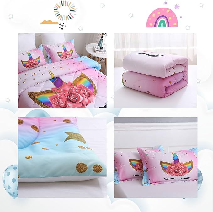 Unicorn Full Bedding Sets for Girls Kids Comforter Set Full Size with 2 Pillowcases Pink and Rainbow Unicorn Room Decor for Girls Bedroom Ultra Soft Machine Washable Toddler Bed Set