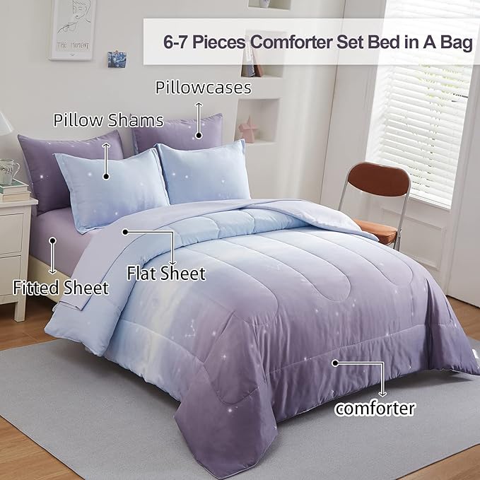 Girls Comforter Set Full Size Colorful Ombre Purple Rainbow Bedding Set Bed in A Bag for Kid Teen Girls 7 Pieces (1 Comforter, 1 Flat Sheet, 1 Fitted Sheet, 2 Pillow shams, 2 Pillowcases)