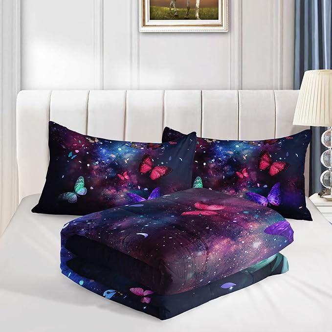 Datura home Butterfly Comforter Set for Girls Women,Colorful Butterflies in Space Galaxy Printed Black Bedding Set with 2 Pillowcases(Butterfly Galaxy Queen)