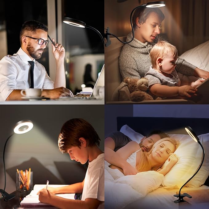 Desk Lamp with Clamp, Clip on Light, 48 LED USB Lamp with 3 Color Modes 10 Brightness Levels, 360° Flexible Gooseneck Eye Protection, Ring Light Bed Night Light for Reading With Adapter