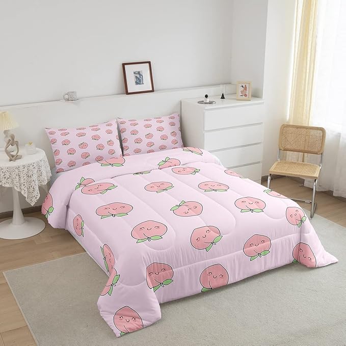 Cartoon Comforter Set King Size Pink Peach Bedding Set Kid Kawaii Down Comforter Girl Lovely Peach Duvet Set Cute Fruits Comforter Tropical Plant Bedding Reversible Soft Lightweight Room Decor