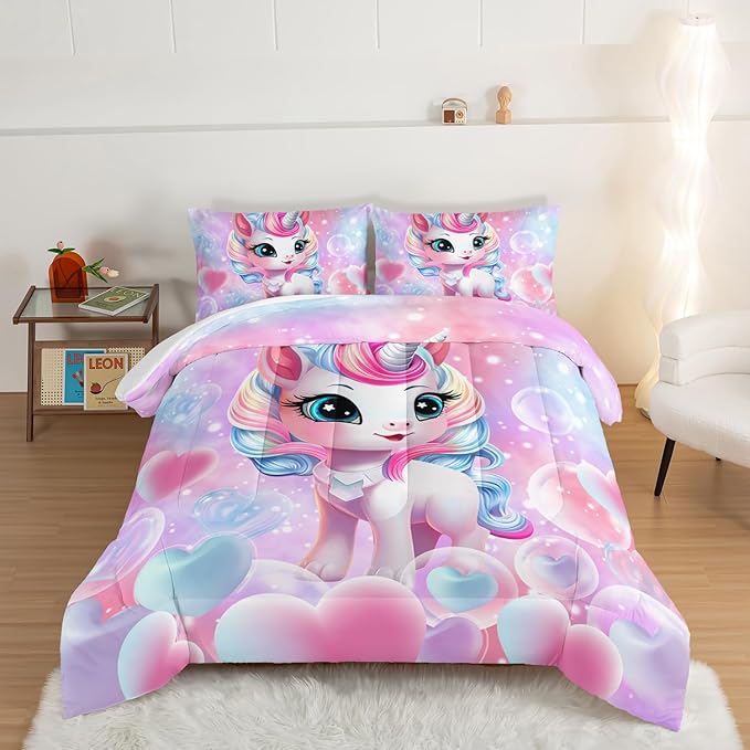 HOSIMA Unicorn Bedding Sets for Girls Teens,Cartoon Kawaii Unicorn Comforter Bubble and Love Heart Bedding Set,Fantasy Unicorn Bedroom Decor for Girls Pink Purple King Size Comforter Set.