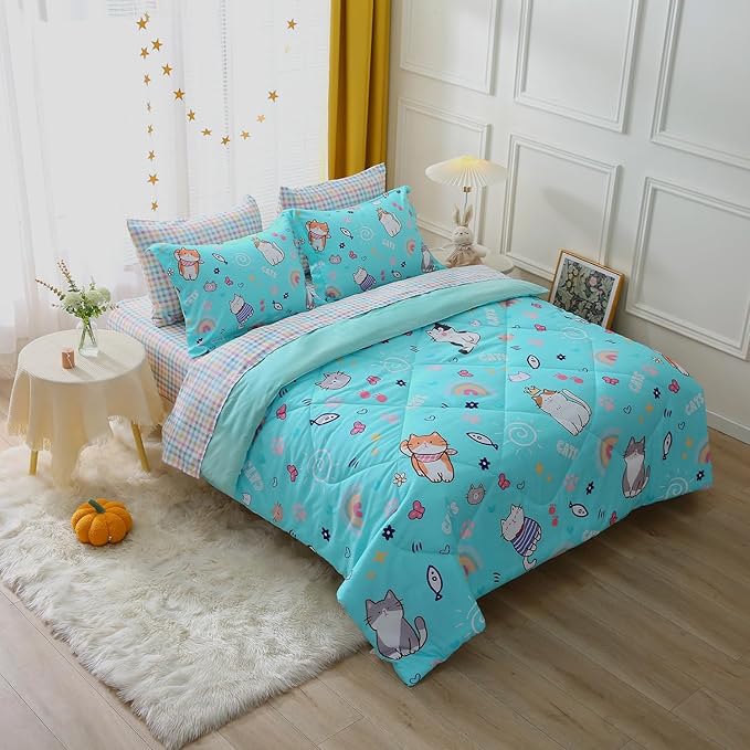 Cute Kids Cat Comforter Set Full Size 7 Piece Blue Rainbow Star Sun Heart Bed in A Bag Kawaii Animal Butterfly Fish Bedding Set for Girls Boys Teens Super Soft All Season