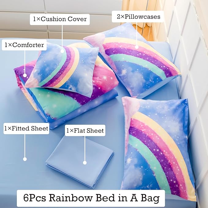 Blue Girls Bedding Set Twin, 6Pcs Colorful Rainbow Kids Comforter Set for Girls, 3D Gradient Glitter Bed in A Bag with Comforter, Sheets and Pillowcases for Teens