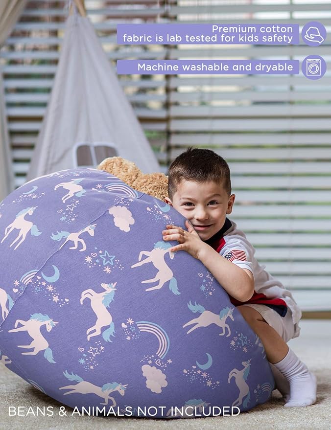 Aubliss Stuffed Animal Storage Bean Bag, Unicorn Bean bag Chair, Stuff 'n Sit for Kids, Medium 32"-Canvas Unicorn Blue
