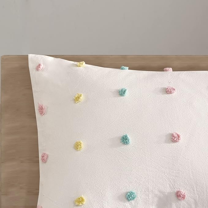 Duvet Cotton Jacquard Weave Colorful Poms Accent, Shabby Chic Cover for Comforter Cozy Bedding Set, Matching Shams, Decorative Pillows, Full/Queen, Multi, Twin/Twin XL, 4 Piece
