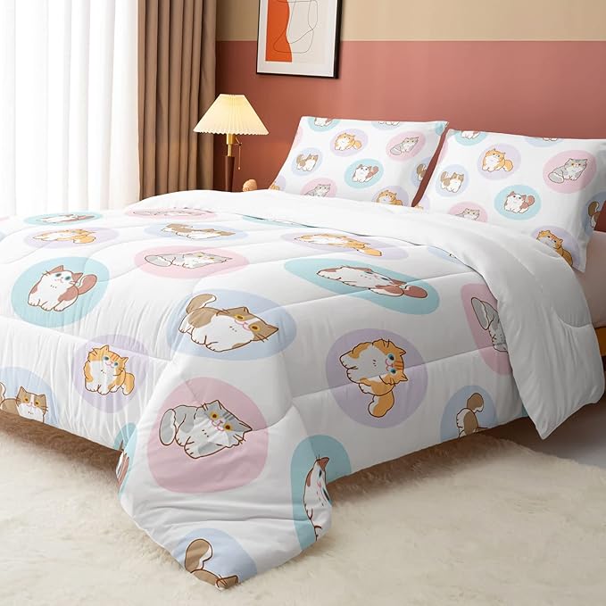 Datura home White Kawaii Cat Comforter Bedding Set Girls Kitten White Print Cute Animal Pattern Bedding Set 1 Comforter 2 Pillowcases Girls Bedroom All Season(Cat White Full) Full 80x90''