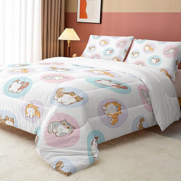 Datura home White Kawaii Cat Comter Bedding Set Girls Kitten White Print Cute Animal Pattern Bedding Set with 1 Comter and 2 Pillowcases Girls Bedroom All Season(Cat White), Queen 90x90inches