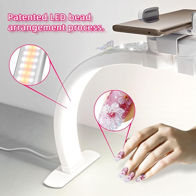 Half Moon Light for Nail Desk, Foldable 29" Nail Light for Desk, 180° Ultra-bright Nail Tech Desk Lamp, Portable Half Moon Lamp with Phone Holder & Organizer Bag - Sliver Diamond
