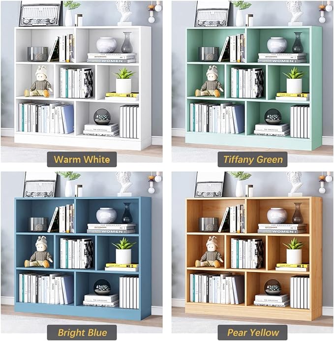 IOTXY Open Shelf Low Bookcase - Wooden 3-Tier Floor Standing Display Cabinet Organizer with Base, 7 Cubes Short Horizontal Bookshelf in Bright Blue