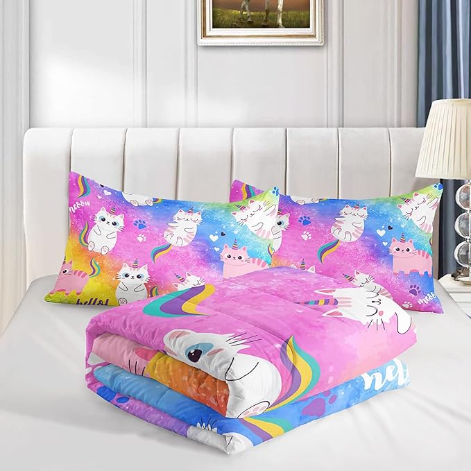 Axolotl Cat Bedding Twin Cartoon Cat Comforter Set,Rainbow Printed Kids Bedding Set for Girls Kids Adults Teens,Kids Comforter Set All Season,1 Quilt 2 Pillow Cases,Colorful Pink Blue