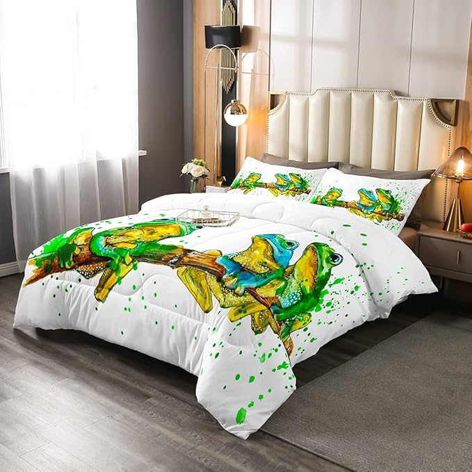 Erosebridal Cartoon Frog Comforter Set Full Size, Green Tie Dye Down Comforter, Tree Branch Quilted Duvet,Animal Soft Duvet Insert for Kid Adult, White Room Decor Reversible All Season
