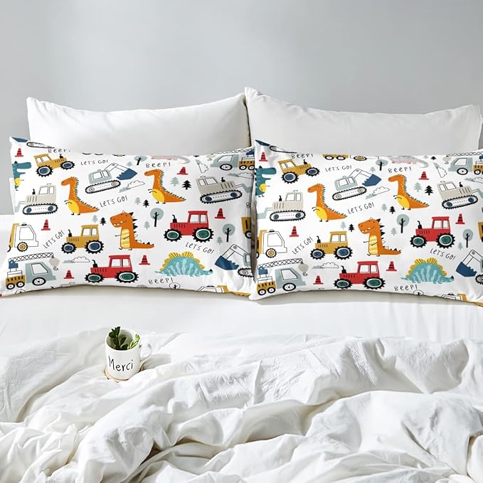 Feelyou Construction Comforter Set Kids Cartoon Dinosaur Comforter Cover Set for Boys Equipment Trucks Bedding Set Construction Vehicles Kawaii Jungle Dino Duvet Set Room Decor Quilt Set Full Size