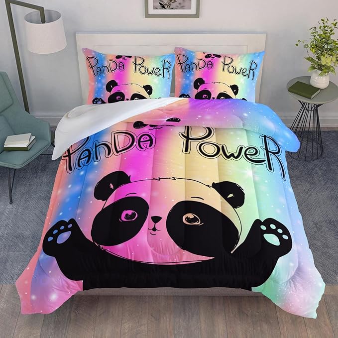 Datura home Bedding Comforter Set Rainbow Kawaii Cute Panda Printed Pattern with 1 and 2 Pillowcases for Girls Bedroom All Season(Panda Full) Full 80x90inches