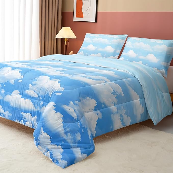 Axolotl Blue Cloud Comforter Set Twin,Light Blue Bedding Set,Cloud Sky Comforter Set Blue Sky and White Clouds Design Bedding Set,Sky Blue Comforter for Kids Girls Boys Teens,1 Quilt 2 Pillowcases
