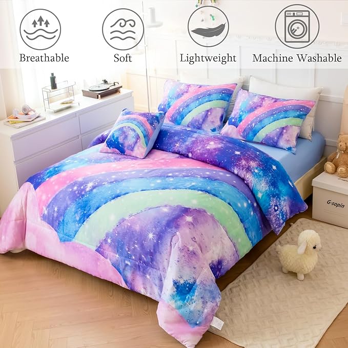 Tie Dye Comforter Girls Twin Comforter Set, 6 Pieces Colorful Rainbow Bed in A Bag, Pastel Gradient Galaxy Bedding Sets with Sheets, Comforter and Pillowcases for Teens Kids
