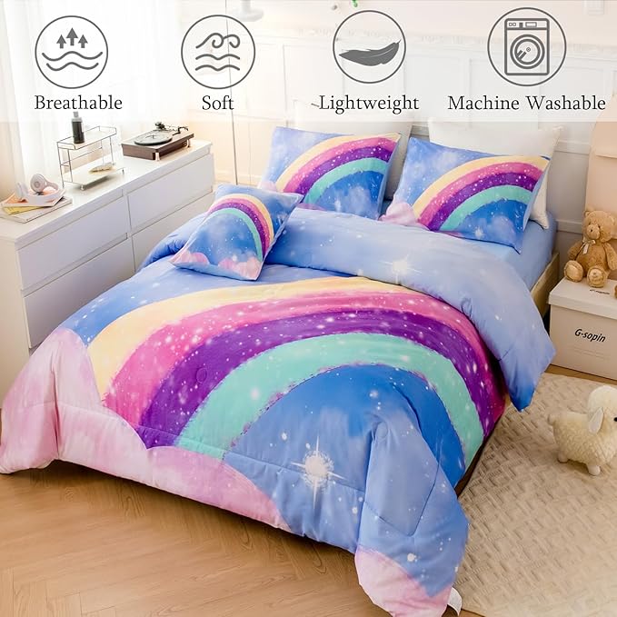 Blue Girls Bedding Set Twin, 6Pcs Colorful Rainbow Kids Comforter Set for Girls, 3D Gradient Glitter Bed in A Bag with Comforter, Sheets and Pillowcases for Teens