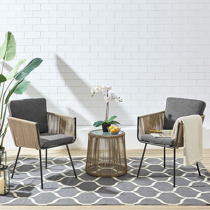 Barton 3 Pieces Wicker Chair Set w/Glass Table Gray Outdoor Patio Furniture Wicker Rattan Modern Conversation Chat Seating