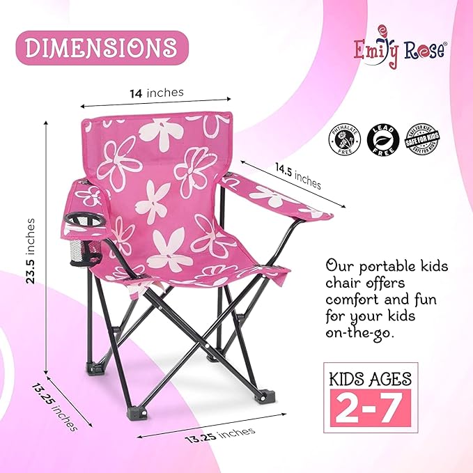 Emily Rose Kids Folding Chair | USA Company | Pink Kid Beach Chair with Safety Lock- Camping Chair for Girls Toddler with Cup Holder & Carry Case- Tailgate, Travel, Beach, Lawn- for Indoor & Outdoor