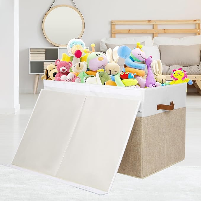 Large Toy Storage Box with Lid, Sturdy Toys Storage Chest Bin Organizer Basket with Dividers for Kids, Boys, Girls, Nursery, Closet, Bedroom, Playroom 26"x17" x17" (Beige and White)