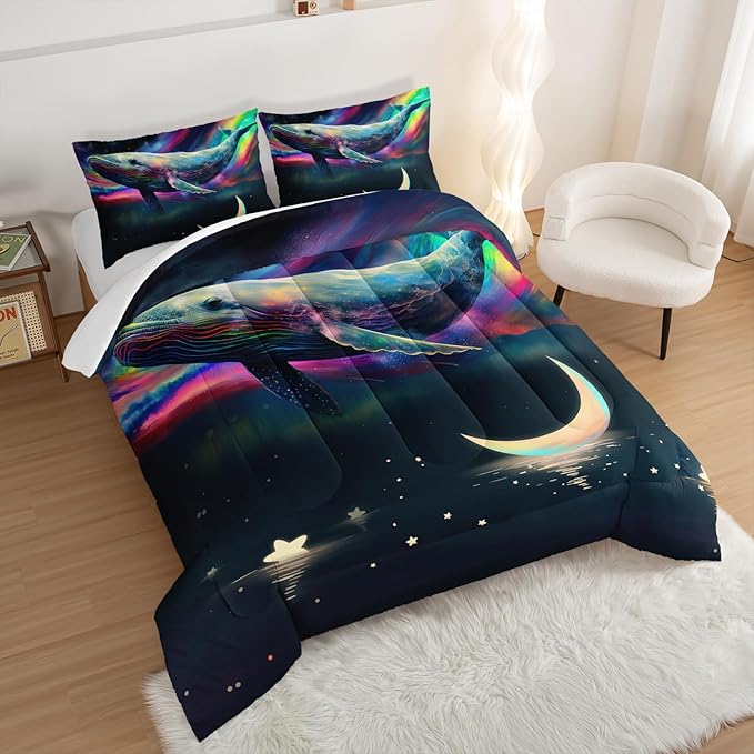 HOSIMA 3D Whale Galaxy Bedding Comforter Sets,Stars Moon Queen Comforter Set Starry Room Decor Aesthetics for Adults Kids,Ocean Theme Marine Life Whale Comforter with 2 Pillowcases.