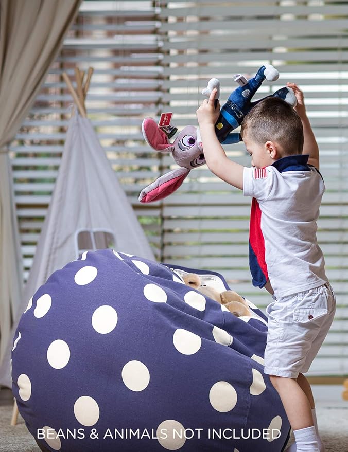 Aubliss Stuffed Animal Storage Bean Bag Chair Cover (No Beans), Stuff and Sit Storage Bean Bag for Kids Toy Storage, X-Large 48"-Canvas Dot Navy