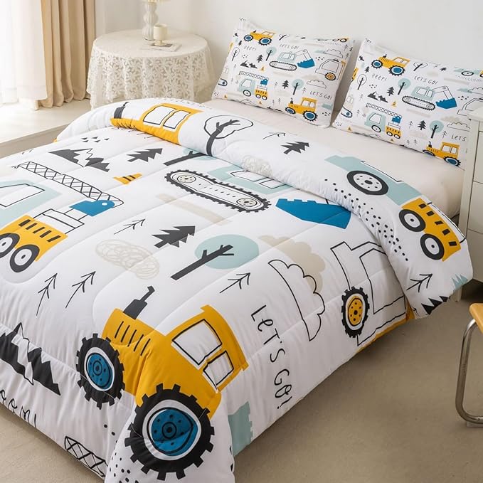 Feelyou Cartoon Car Kids Comforter Set Construction Bedding Set Decor Equipment Trucks Comforter Cartoon Car Excavator Tractor White Yellow Duvet Set Bedroom Quilt Set 2Pcs Twin