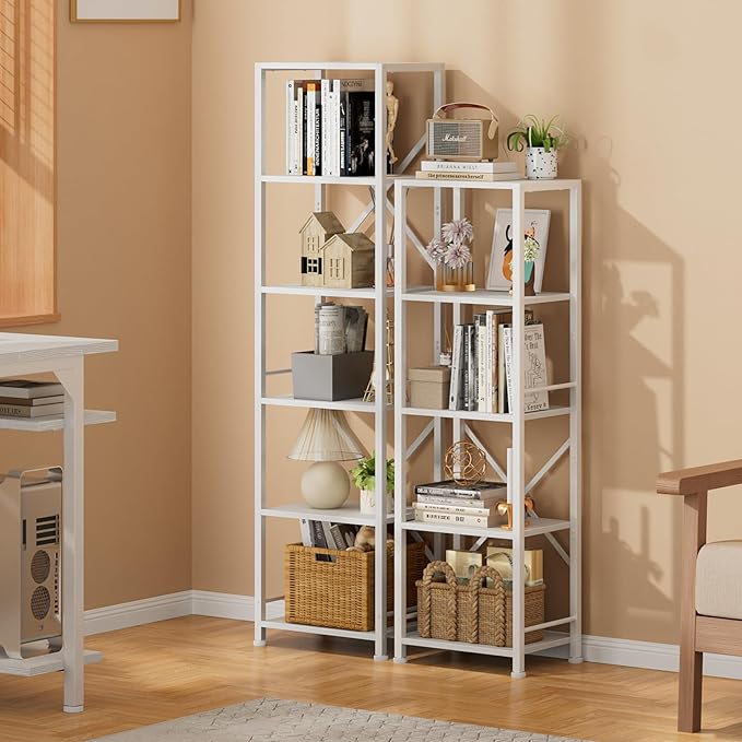 Furologee White Bookshelf 5 Tier Bookcase, Tall Narrow Bookshelves, Modern Freestanding Shelf Units, Metal and Wood Display Storage Corner Shelves Organizer for Bedroom, Living Room, Office, Bathroom