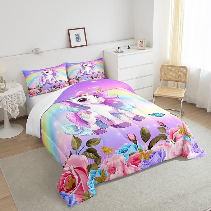 Manfei Cute Unicorn Kids Comforter Set Twin Size,Rainbow Starry Sky Roses Dreamy Bedding Set,Girls Women Room Decor,Cartoon Animals Flowers Down Comforter,Pink Purple Unique Duvet Insert,1 Pillowcase