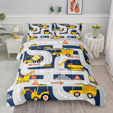Axolotl Cartoon Excavator Bedding Set Queen,Tractor Truck Bedding Set,Boys Construction Bedding Set,Yellow Vehicles Truck Comforter Construction Site Decor for Kids Boys Teens,1 Quilt 2 Pillowcases