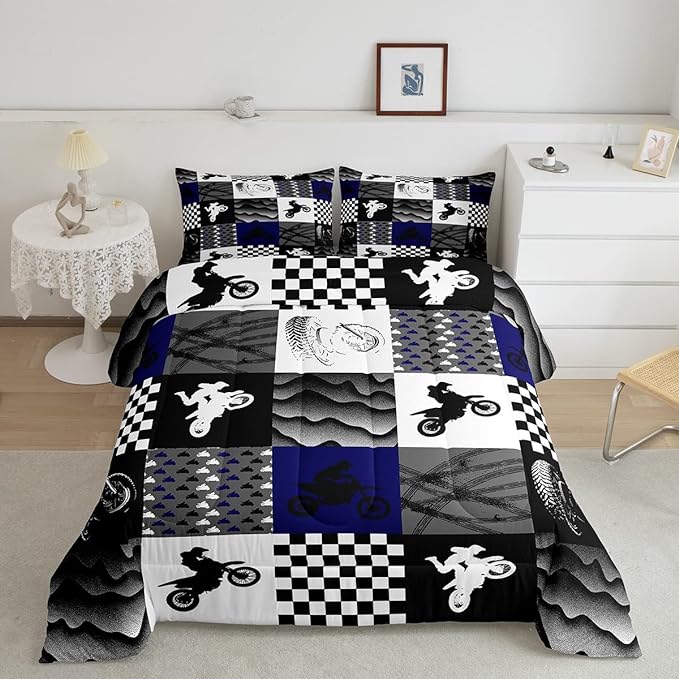 Dirt Bike Comforter Set, Motocross Rider Bedding Comforter Sets Twin, Motorcycle Grunge Down Comforter For Kids Boys Adult Men, Motorbike Extreme Sport Game Comforter, Buffalo Plaid, Blue Grey Black