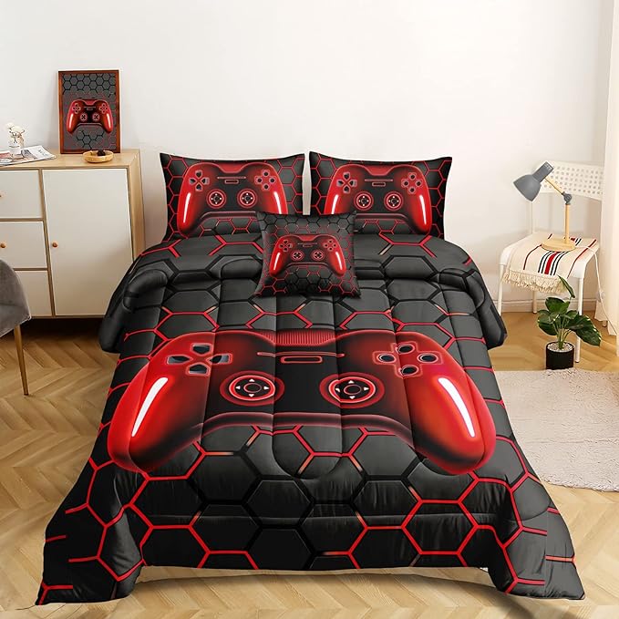 6 Pieces Bed in A Bag Gamer Bedding Set for Boys Kids Adult Gaming Comforters Set,Boys Bed in A Bag Set Queen Size Comforter with Fitted Sheet Flat Sheet Pillowcase pillowsham,DJTH5027Queen