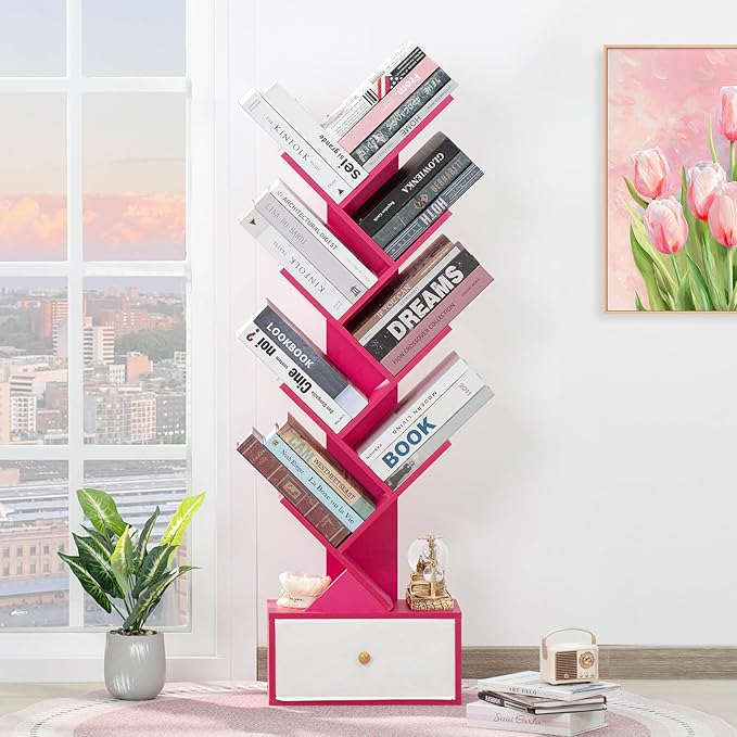 8 Tier Tree Bookshelf with Drawer, Free Standing Wood Bookcase for Narrow Space, Storage Organizer Bookshelves for Books, Book Case for Home Office, Living Room, Bedroom - Pink