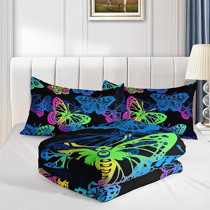 Axolotl Colorful Butterflies Bedding Set,Full Size Kids Bed Set,Gradient Butterfly Comforter Set,1 Quilt with 2 Pillowcases for Boys Girls Kids Teens Children Adults Room Decor All Season,Black