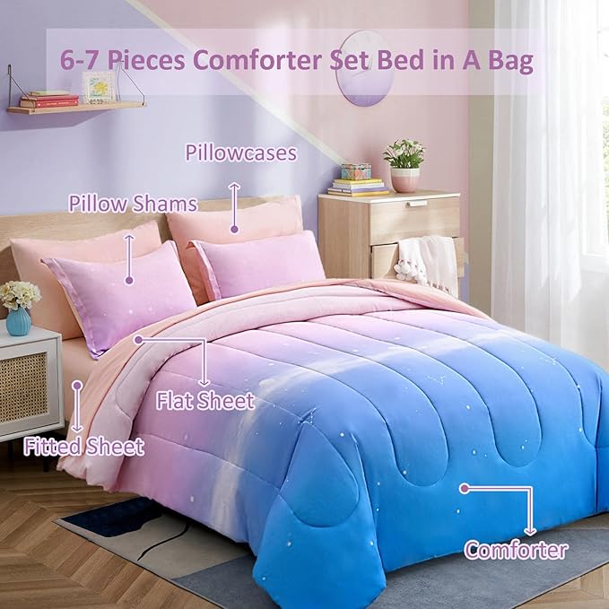 Dinjoy Girls Comforter Set King Size Colorful Rainbow Ombre Pink Blue Bedding Set Gradient 6 Pieces Bed in A Bag for Kids Teen Girl Women(1 Comforter, 1 Flat Sheet, 1 Fitted Sheet)