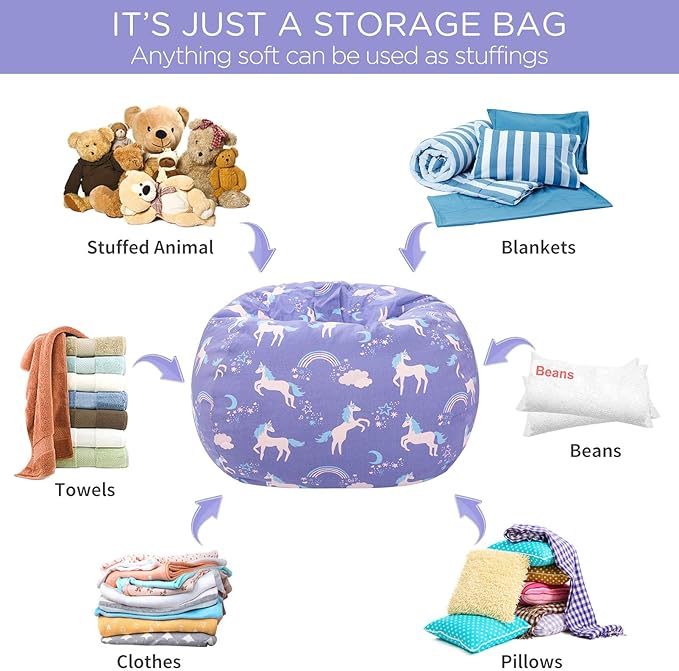 Aubliss Stuffed Animal Storage Bean Bag, Unicorn Bean bag Chair, Stuff 'n Sit for Kids, Medium 32"-Canvas Unicorn Blue