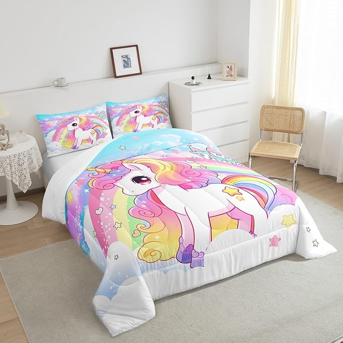 Manfei Cute Unicorn Kids Comforter Set Twin Size,Rainbow Stars Cloud Dreamy Bedding Set,Girls Women Room Decor,Cartoon Animals Castle Girly Down Comforter,Pink Blue Unique Duvet Insert,1 Pillowcase