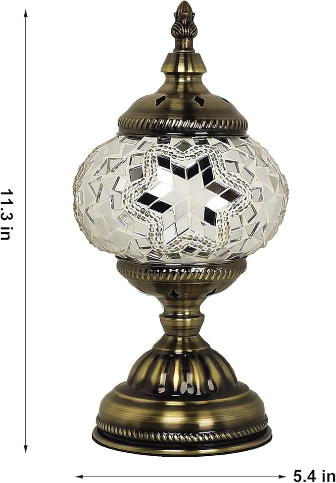 Turkish Mosaic Lamp Bohemian Tiffany Style Stained Glass Bedside Lamp for Bedroom (White)