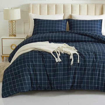Andency Navy Grid Comforter Set Twin Size (66x90 Inch), 2 Pieces(1 Grid Comforter and 1 Pillowcase), Summer Lightweight Microfiber Down Alternative Navy Comforter with White Lines for Kids Girls