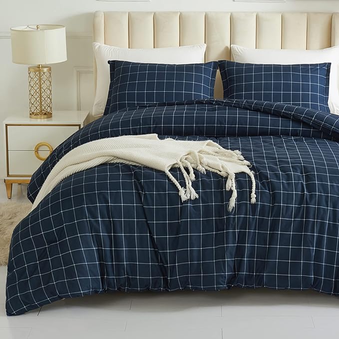 Andency Navy Grid Comforter Set Queen Size (90x90 Inch), 3 Pieces(1 Grid Comforter and 2 Pillowcases), Summer Lightweight Microfiber Down Alternative Navy Comforter with White Lines
