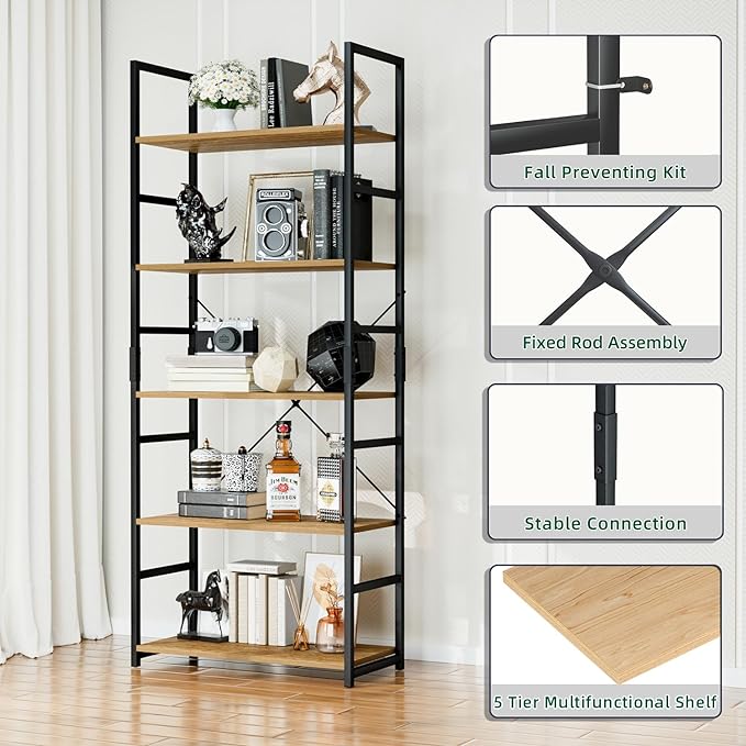 OTK 5 Tier Bookshelf, Tall Bookcase, Office Shelf Storage Organizer, Modern Book Shelf for Living Room, Bedroom, and Home Office, Natural