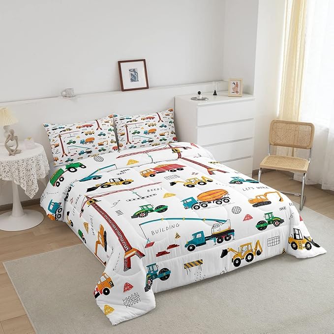 Feelyou Heavy Machinery Truck Bedding Set Tractor Crane Comforter Set for Kids Boys Girls Youth Construction Site Comforter Nursery Decor Quilt Set Room 2Pcs Twin Size