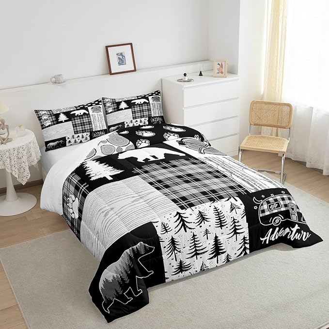 Bear Plaids Comforter Set Full Size,Pine Trees Animals Hunting Bedding Set for Kids Boys Girls Adults Room Decor,Adventure Rustic Farmhouse Down Comforter,Black Retro Duvet Insert,2 Pillowcases