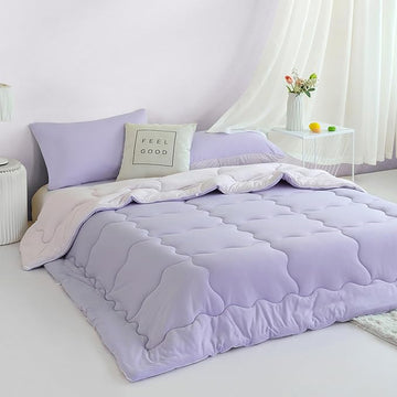 COTTEBED Reversible Softness Pink Purple Twin Comforters Sets for Girl Kids College Dorm, Cute Jersey Knit Lightweight Breathable Fluffy Cozy Comfy Bed Down Comforter Quilt for All Season Twin/Twin XL