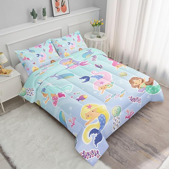 Datura home Mermaid Comforter Set, Kawaii Girls Blue Bedding with 2 Pillowcases, Queen 90x90inches