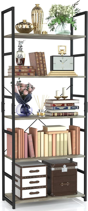 NUMENN 5 Tier Bookshelf, Tall Bookcase Shelf Storage Organizer, Modern Book Shelf for Bedroom, Living Room and Home Office, Grey