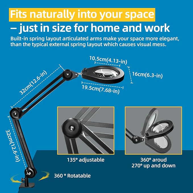 Magnifying Lamp, 10X Illuminated Magnifier Lamp with Internal Spring Swing Arm and Desk Edge Clamp